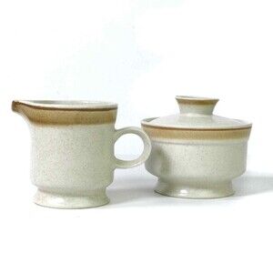 Premier Potterskraft Brownstone Sugar Bowl & Creamer Vintage Speckle Stoneware
